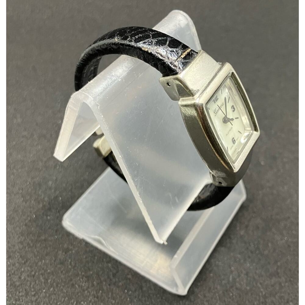 GENEVA *new battery* Silver‎ Tone Cuff Watch Black Womens, Quartz, Leather